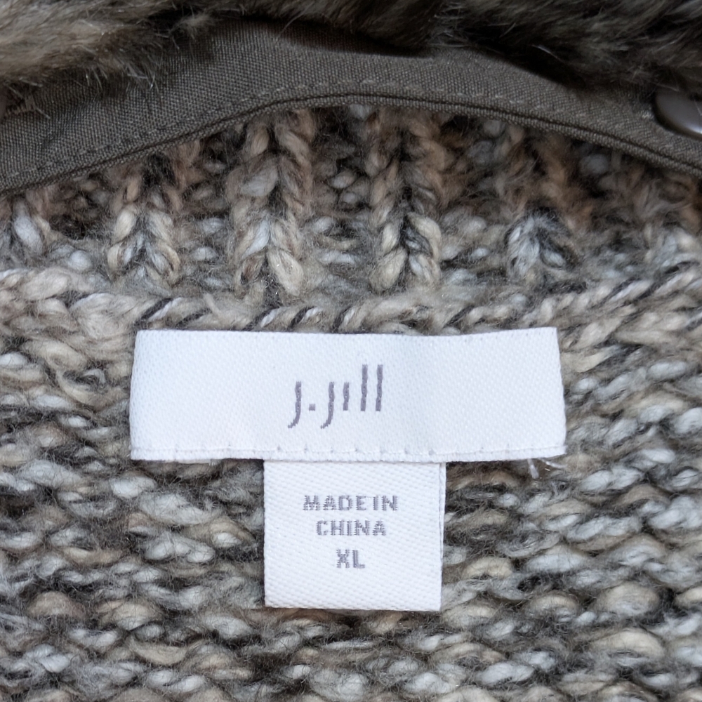 J Jill Women's Tweed Cardigan Sweater Coat Long Cardigan Faux Fur Collar XL - Picture 7 of 12